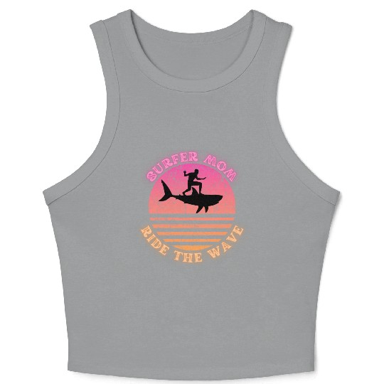 Surfer Mom Ride the Wave Shark Sunset Neon Crop Tank Top