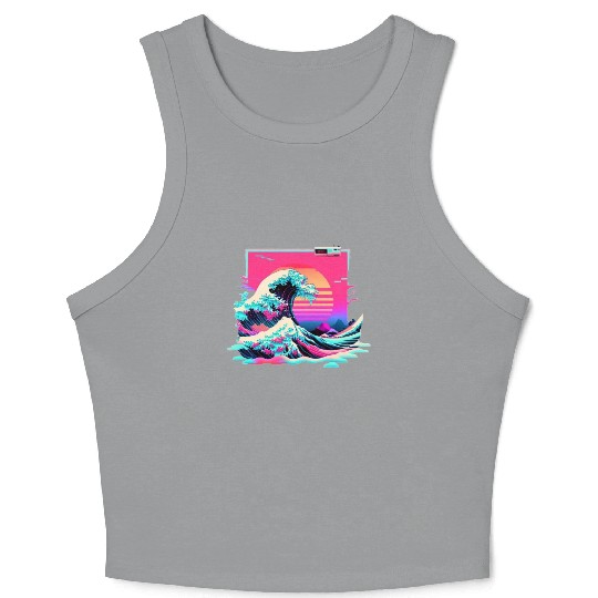 Vaperwave Aesthetic Glitch Great Wave Retrowave Sy Crop Tank Top