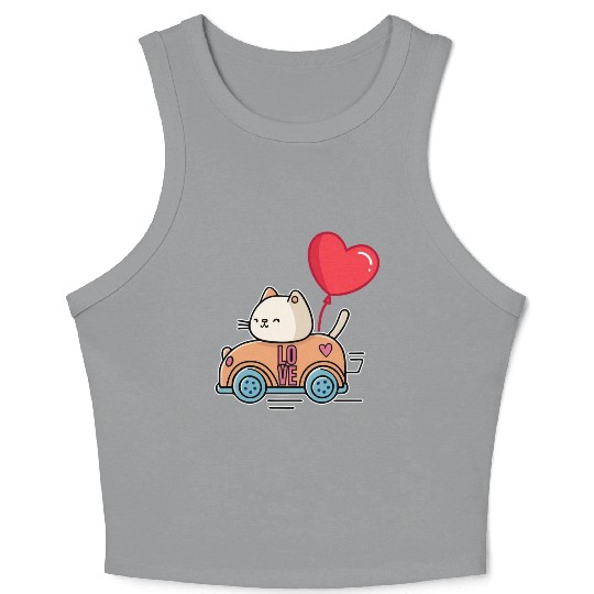 Cute cat in the love car, and love balloon - white Crop Tank Top