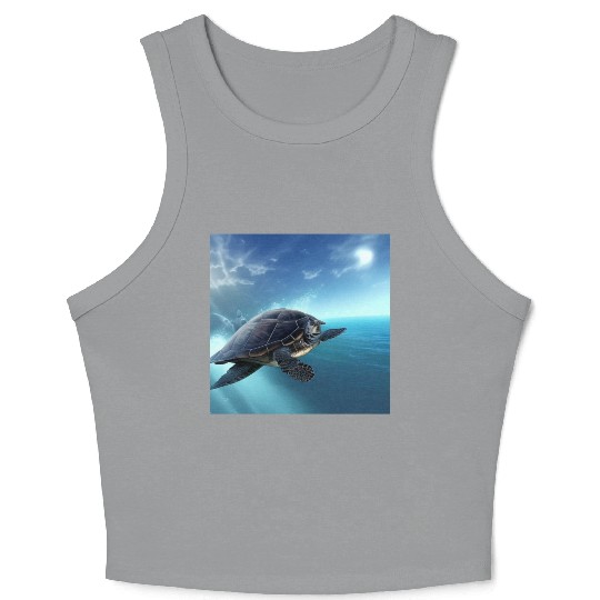 Turtle swimming in the blue ocean print Crop Tank Top