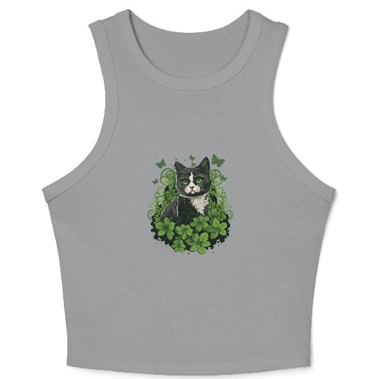 Black and white cat with ivy and butterflies Crop Tank Top