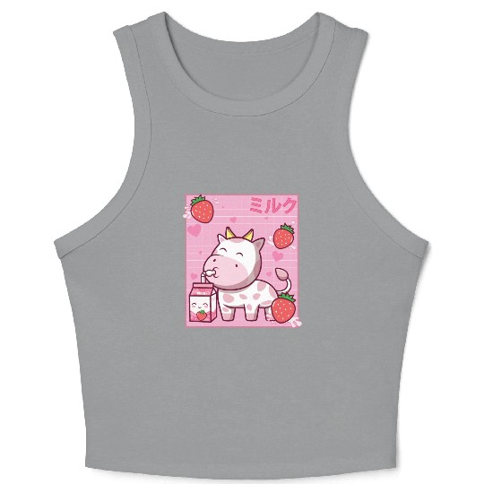 Kawaii Pink Strawberry Cow Milk Shake Otaku Anime Crop Tank Top