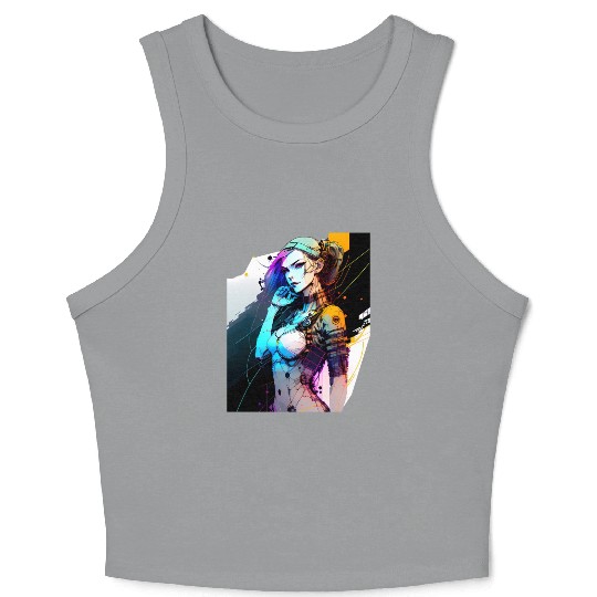 The Neon Future A Cyberpunk Girl with Purple Hair Crop Tank Top