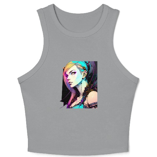 Neon Dreams A Cyberpunk Girl with Orange Teal Hair Crop Tank Top