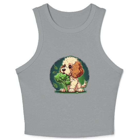 Cute dog eats green broccoli vegetables Crop Tank Top