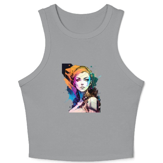 Glitch in the System A Cyberpunk Girl Illustrated Crop Tank Top