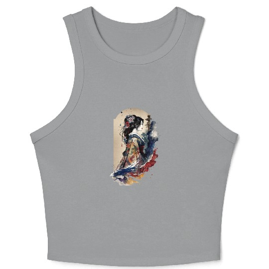 Geisha Watercolor Sea Waves Asian Art Woman Crop Tank Top
