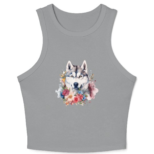Siberian Husky Dog Watercolor Floral Crop Tank Top