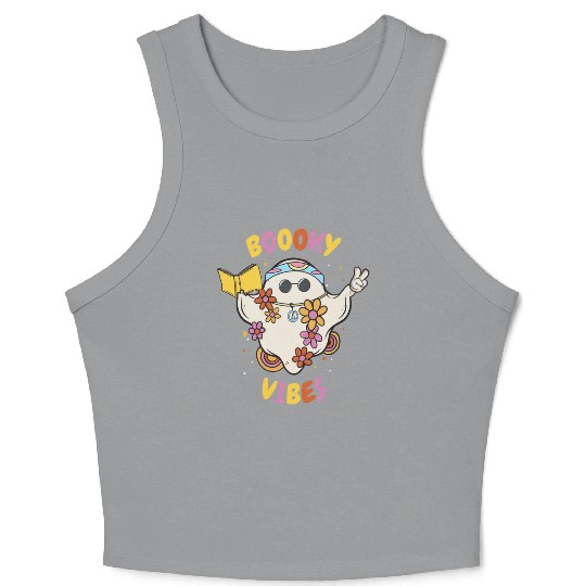 Reading Teacher Halloween Groovy Floral Ghost Crop Tank Top