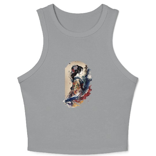 Geisha Watercolor Sea Waves Asian Art Woman Crop Tank Top
