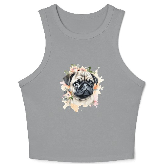 Pug Dog Watercolor Floral Crop Tank Top