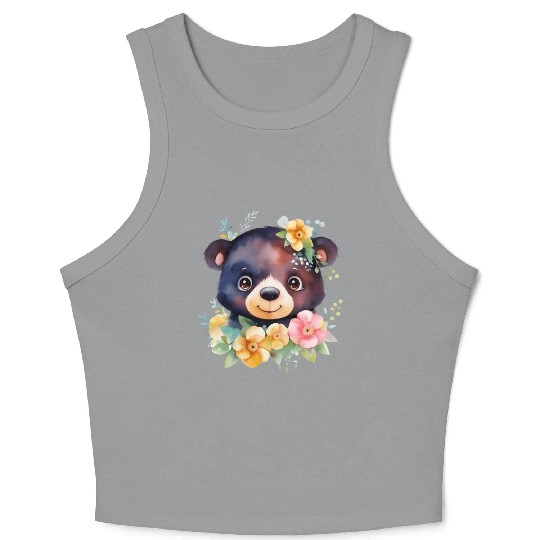 Black and Brown Forest Bear Watercolor Floral Crop Tank Top