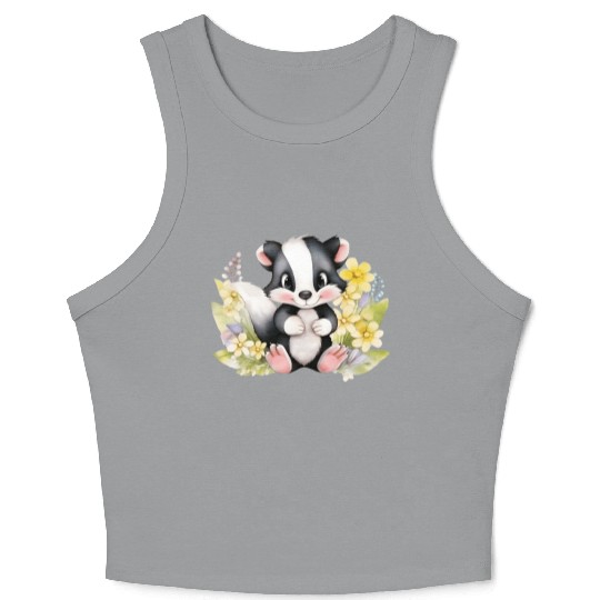 Baby Skunk Black and White Skunk Watercolor Floral Crop Tank Top