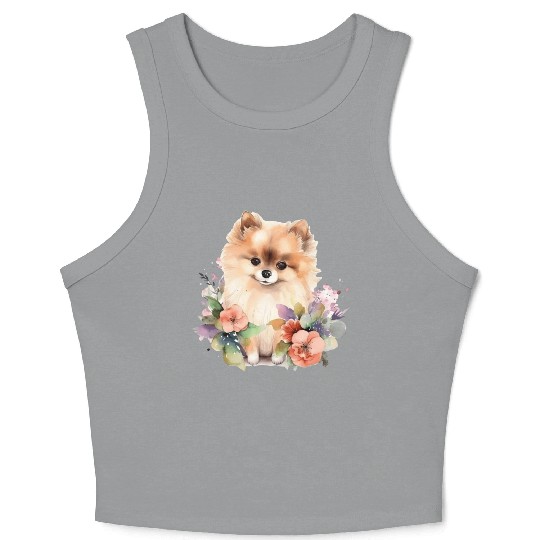 Pomeranian Dog Watercolor Floral Crop Tank Top