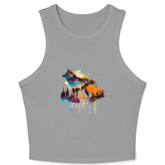 Mountain Wolf Multicolor Watercolor Portrait Crop Tank Top
