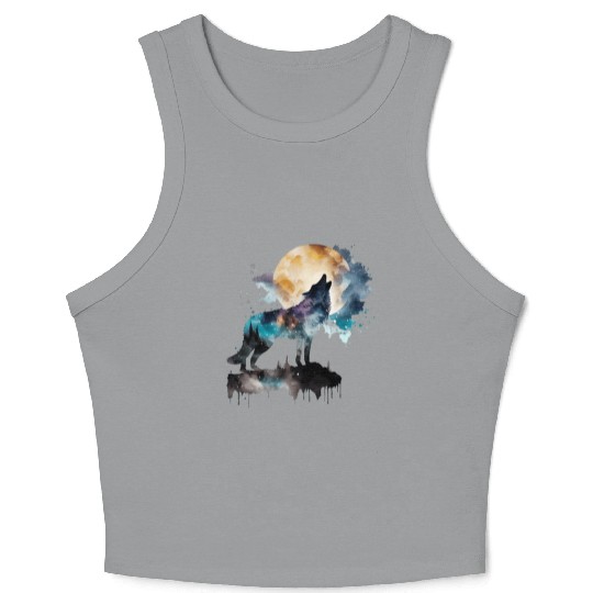 Mountain Wolf Multicolor Watercolor Portrait Crop Tank Top