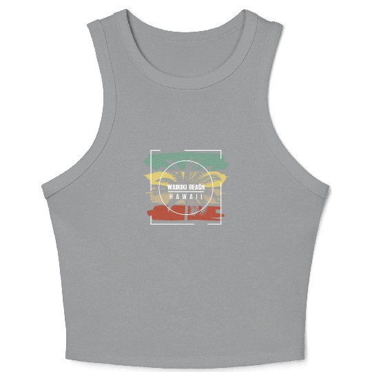 Waikiki Beach Oahu Hawaii Artistic Palm Tree Retro Crop Tank Top