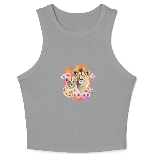 Lion Mom & Son Cubs with Flower Watercolor Crop Tank Top