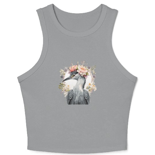 Watercolor Heron Freshwater Bird Flower Crown Flor Crop Tank Top