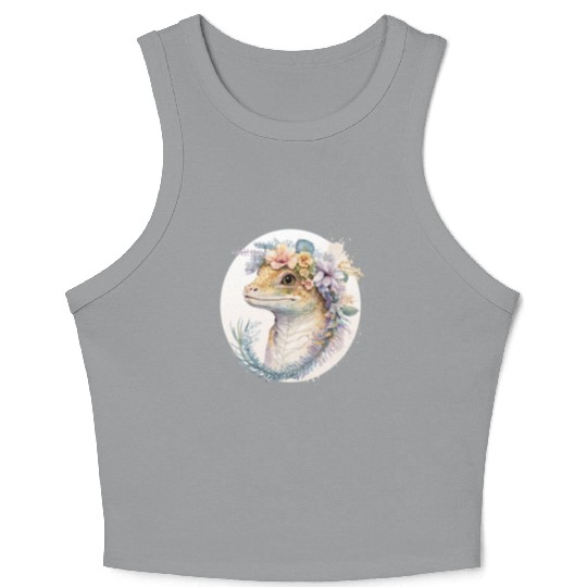 Watercolor Gecko Reptile Flower Crown Floral Amphi Crop Tank Top