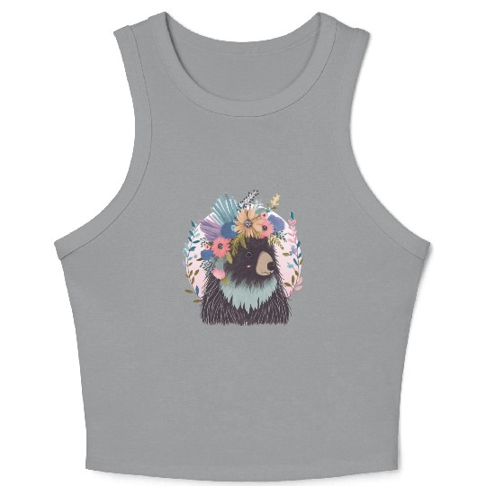 Cute Porcupine Flower Crown Watercolor Floral Crop Tank Top