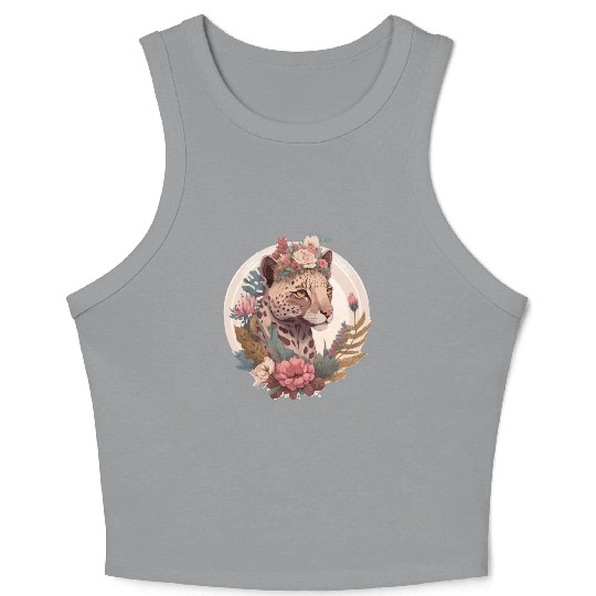 Cute Watercolor Ocelot Flower Crown Floral Crop Tank Top