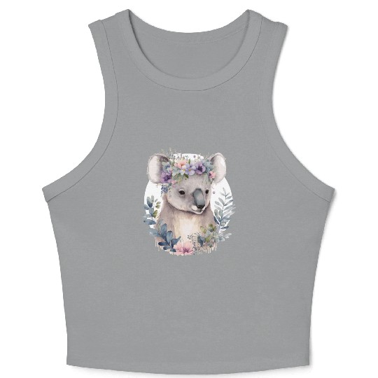 Watercolor Koala Bear Flower Crown Floral Crop Tank Top