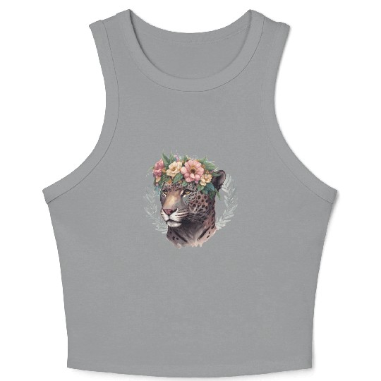 Watercolor Jaguar Flower Crown Wild Cat Lover Crop Tank Top
