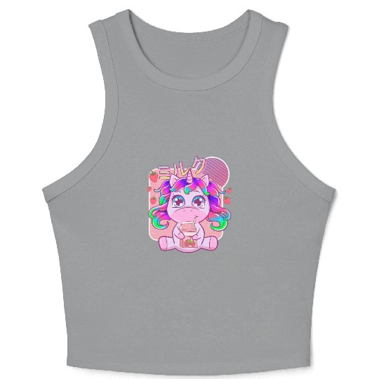 Funny Kawaii Unicorn Strawberry Milk Shake Crop Tank Top