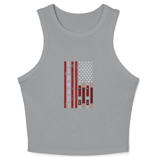 School Library Funny for Librarian Patriotic US Fl Crop Tank Top