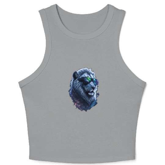 Silver Lion in Space: The Coolest Cat with Shades Crop Tank Top