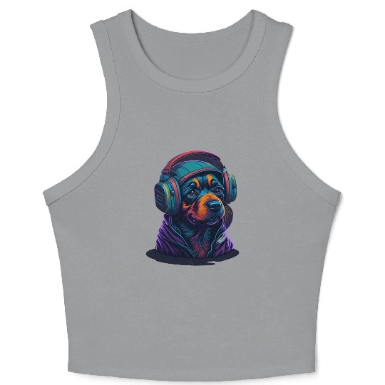 Cute Rottweiler Dog Wearing Headset for Gamer Crop Tank Top