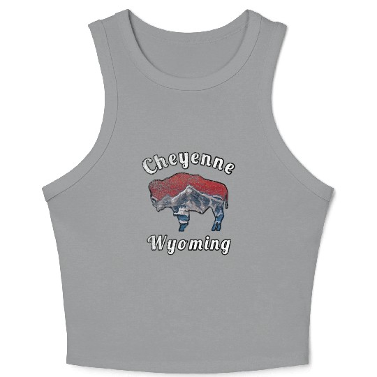 Cheyenne Wyoming With Flag Themed Mountain Scenery Crop Tank Top