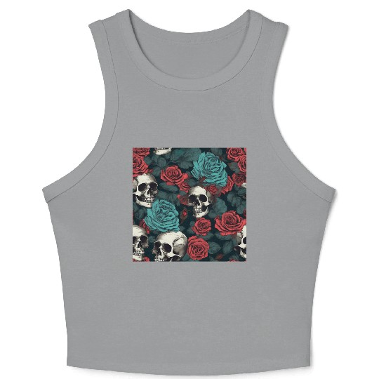 Gothic Skulls & Red Roses Pattern Dark Elegant Crop Tank Top