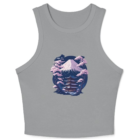 Mount Fuji and a Temple With Cherry Blossoms Crop Tank Top