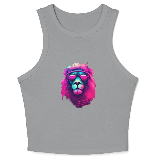 Synthwave Sun King Lion s Neon Shades Crop Tank Top