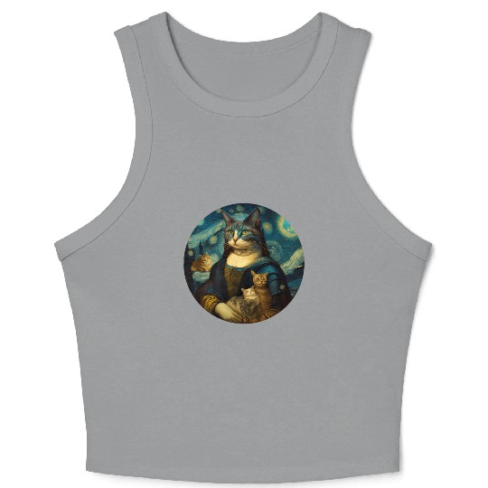 Mona Lisa With Cats Starry Night Van Gogh Painting Crop Tank Top