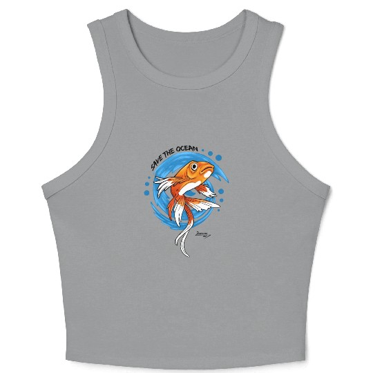 Save The Ocean Orange Fish Blue Waves Environment Crop Tank Top