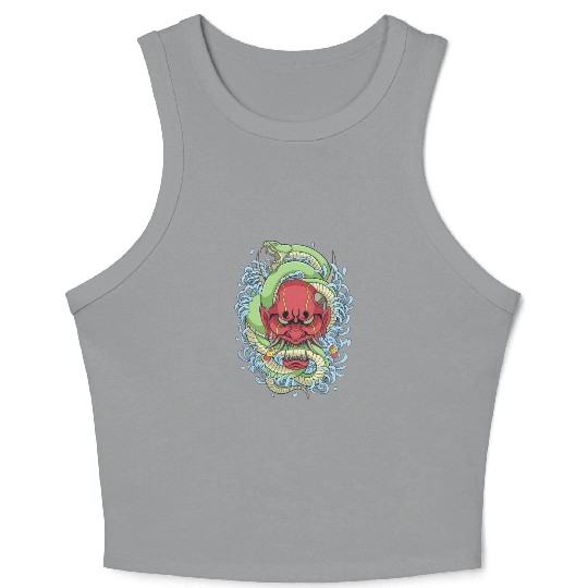 Japanese oni mask with peony flower and greem snak Crop Tank Top