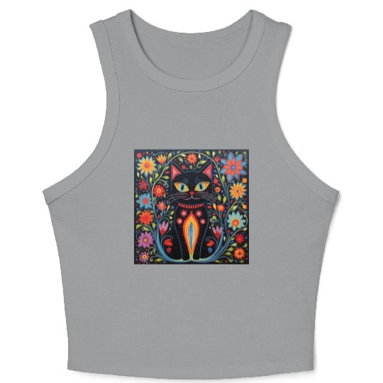 Folk Art Cat Floral Crop Tank Top