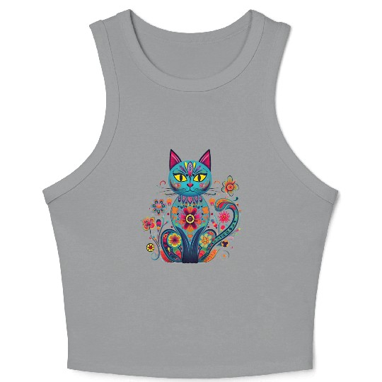 Folk Art Cat Floral Crop Tank Top