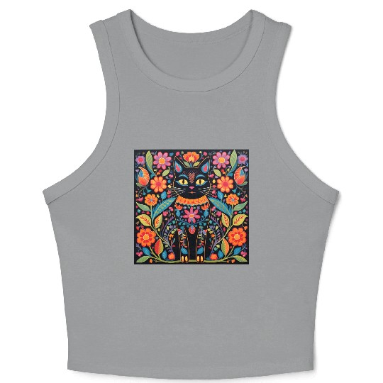 Folk Art Cat Floral Crop Tank Top
