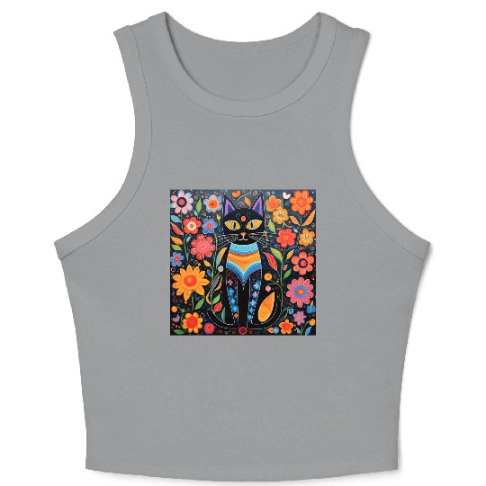 Folk Art Cat Floral Crop Tank Top