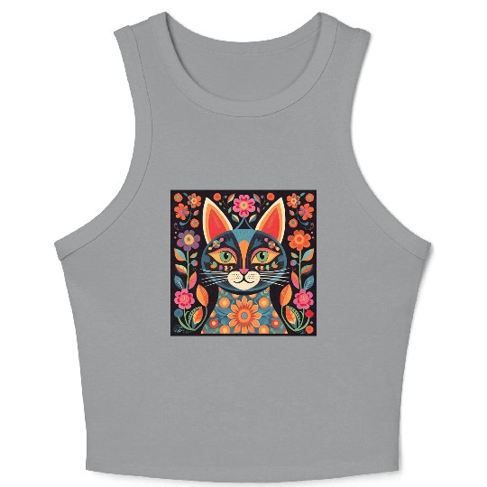 Folk Art Cat Floral Crop Tank Top