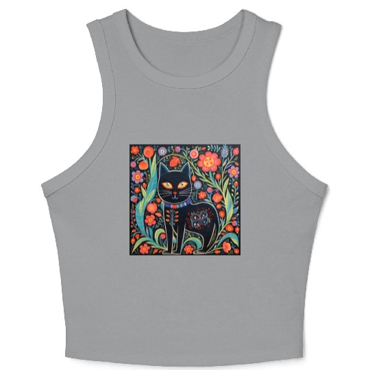 Folk Art Cat Floral Crop Tank Top