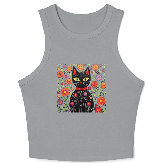 Folk Art Cat Floral Crop Tank Top