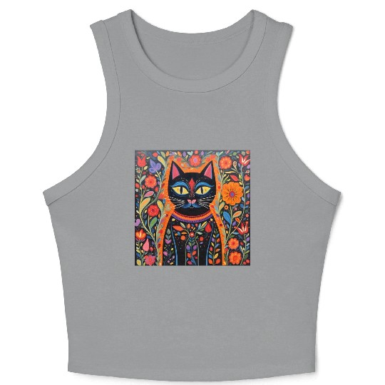 Folk Art Cat Floral Crop Tank Top