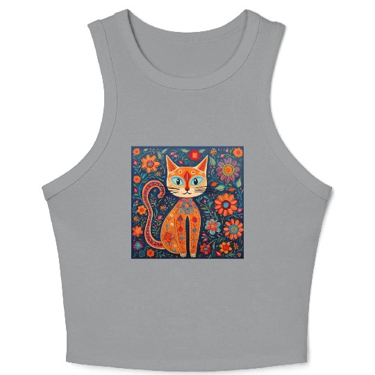 Folk Art Cat Floral Crop Tank Top