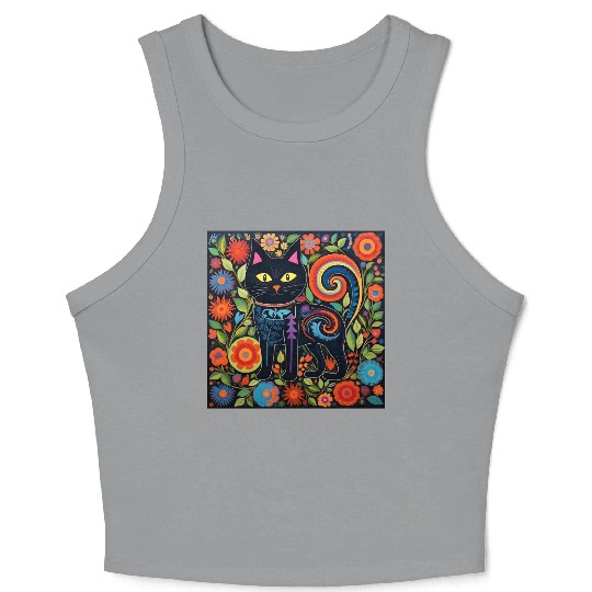 Folk Art Cat Floral Crop Tank Top