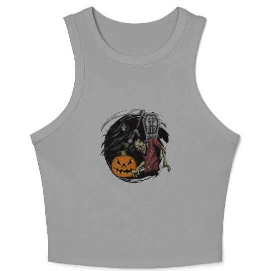 Scary pumpkin zombie Halloween grim reaper Crop Tank Top